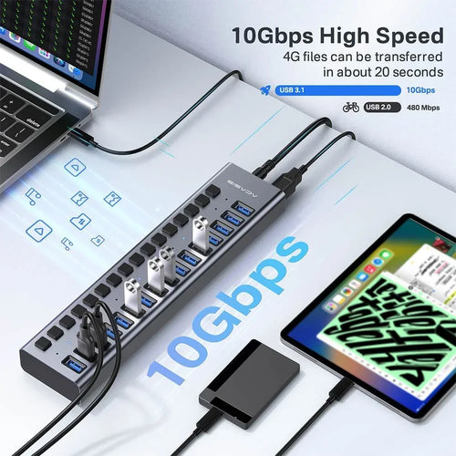 Acasis USB 3.1 10Gbps Hub 16/10/7 Ports Data Transfer Charge Individual Switch Indicator Light For Keyboard Mouse Printer