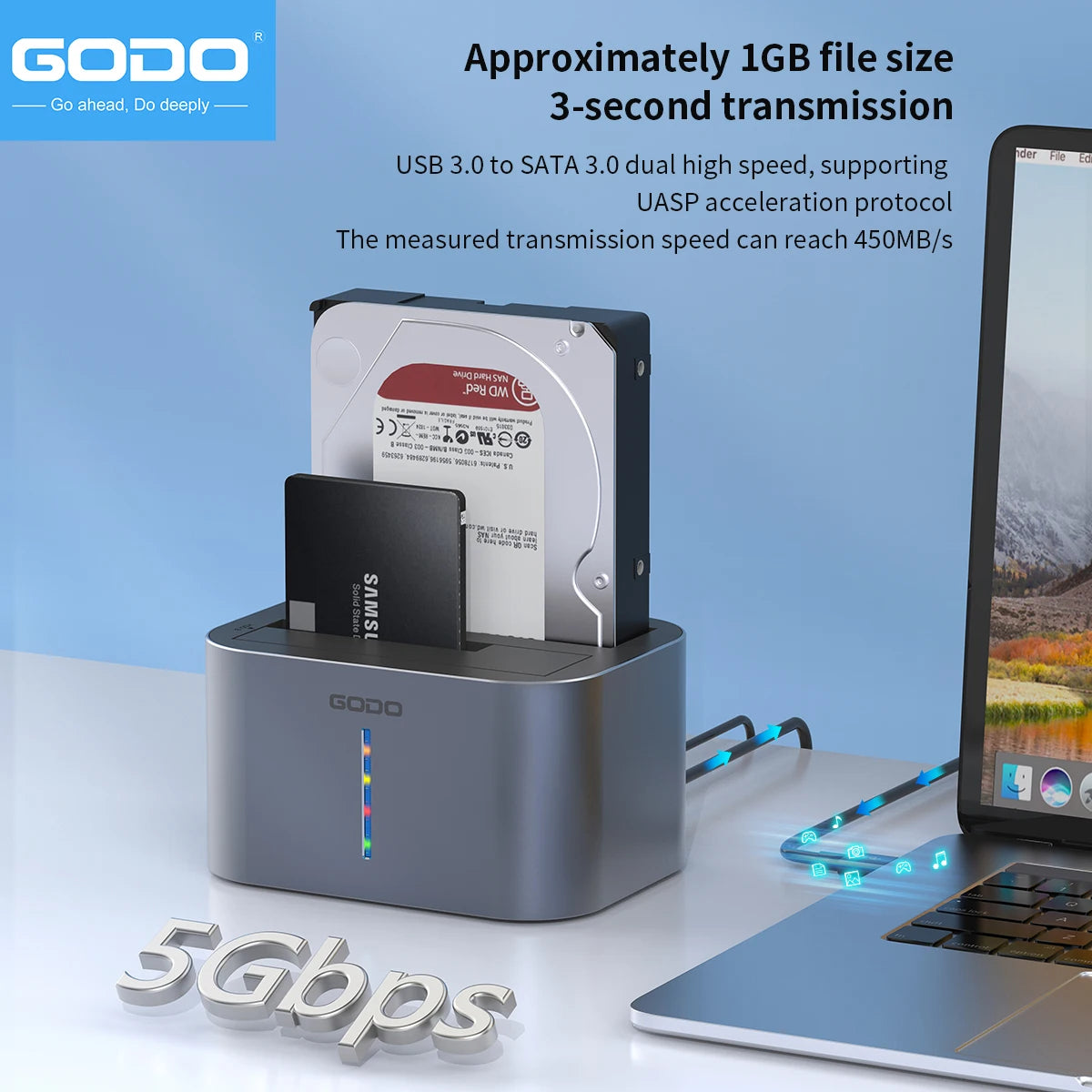 GODO USB 3.0 & Type-C HDD Dock for 2.5/3.5 inch SATA Drives SSD Dual-Bay with LED Indicator - High Speed Transfer