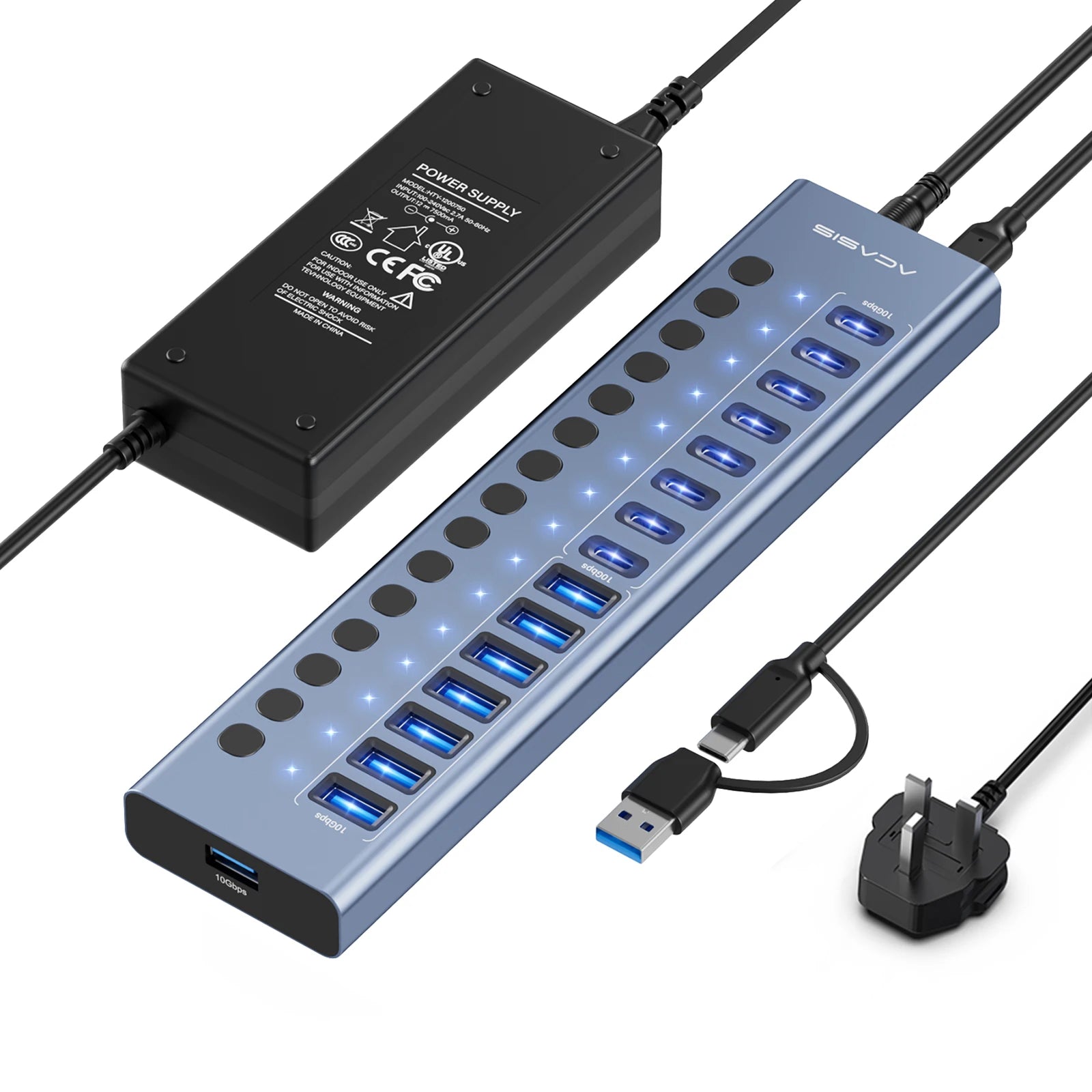 Acasis USB 3.1 10Gbps Hub 16/10/7 Ports Data Transfer Charge Individual Switch Indicator Light For Keyboard Mouse Printer