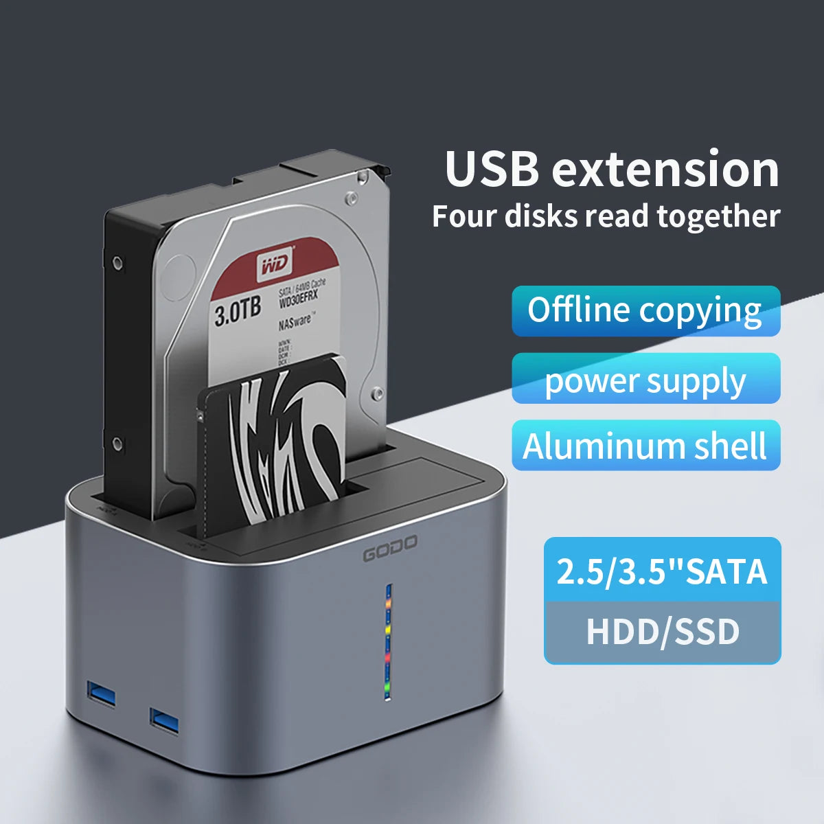 GODO USB 3.0 & Type-C HDD Dock for 2.5/3.5 inch SATA Drives SSD Dual-Bay with LED Indicator - High Speed Transfer