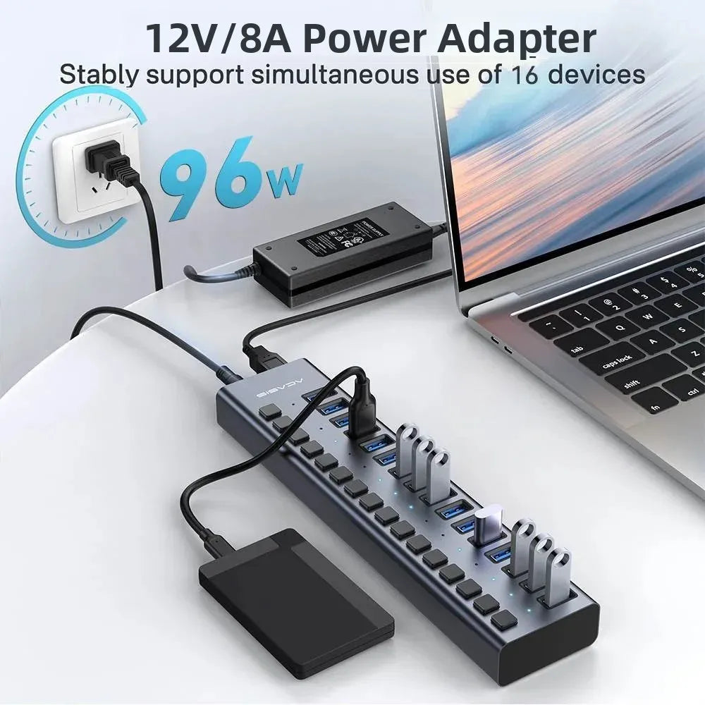 Acasis USB 3.1 10Gbps Hub 16/10/7 Ports Data Transfer Charge Individual Switch Indicator Light For Keyboard Mouse Printer