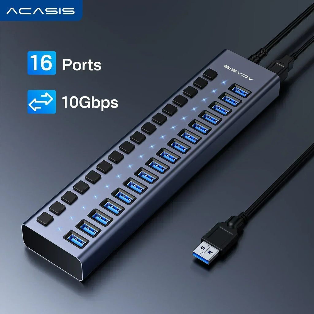 Acasis USB 3.1 10Gbps Hub 16/10/7 Ports Data Transfer Charge Individual Switch Indicator Light For Keyboard Mouse Printer