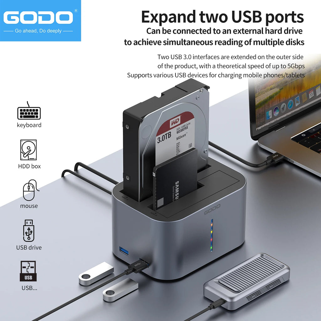 GODO USB 3.0 & Type-C HDD Dock for 2.5/3.5 inch SATA Drives SSD Dual-Bay with LED Indicator - High Speed Transfer